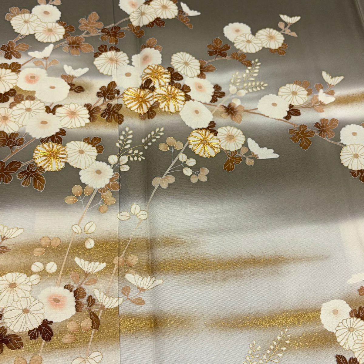 訪問服 身長162cm 袖長64cm M 雙層 菊花 霞 金絲 金銀彩 茶綠 純蠶絲 秀品級