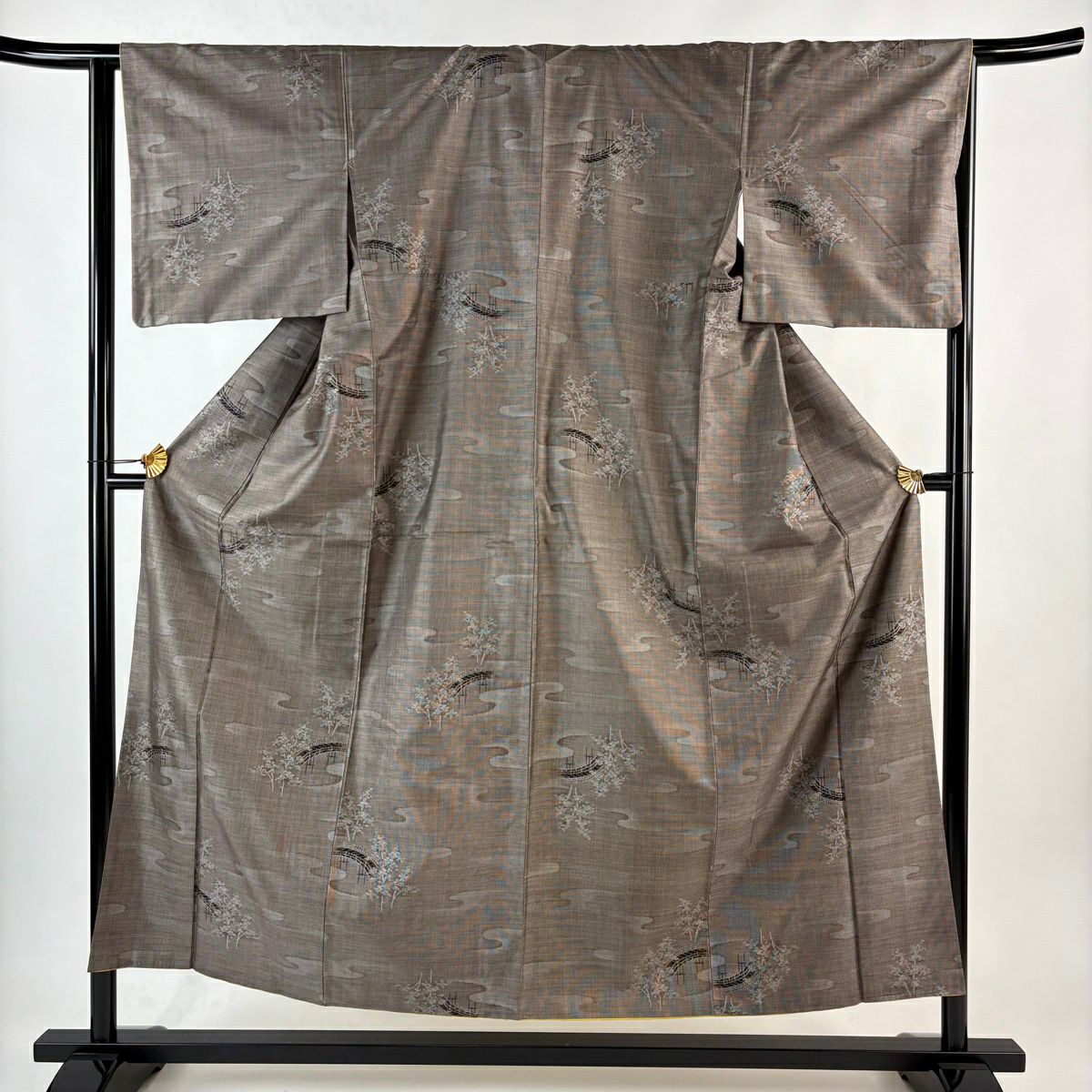 【美品】 紬織 身長152.5cm 袖長64cm M 雙層 橋 樹木 焦茶 純蠶絲 秀品級