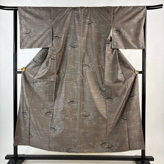 【美品】 紬織 身長152.5cm 袖長64cm M 雙層 橋 樹木 焦茶 純蠶絲 秀品級