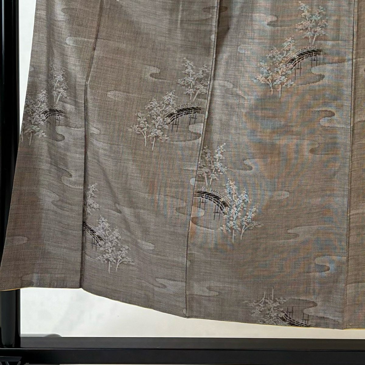 【美品】 紬織 身長152.5cm 袖長64cm M 雙層 橋 樹木 焦茶 純蠶絲 秀品級