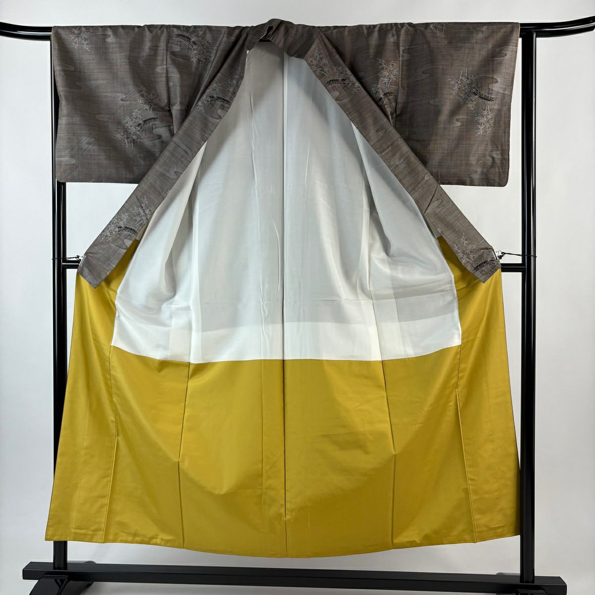 【美品】 紬織 身長152.5cm 袖長64cm M 雙層 橋 樹木 焦茶 純蠶絲 秀品級