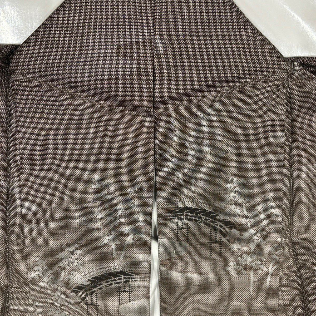 【美品】 紬織 身長152.5cm 袖長64cm M 雙層 橋 樹木 焦茶 純蠶絲 秀品級