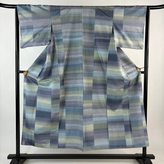 【美品】 紬織 身長151cm 袖長63.5cm S 雙層 段紋 青灰 純蠶絲 秀品級