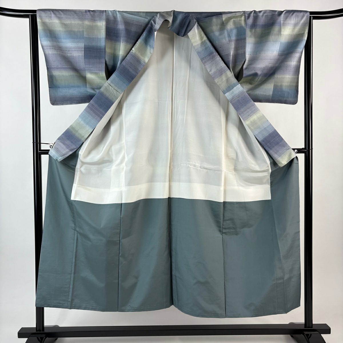 【美品】 紬織 身長151cm 袖長63.5cm S 雙層 段紋 青灰 純蠶絲 秀品級