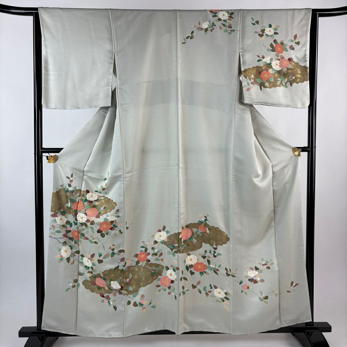 訪問服 身長159cm 袖長63cm S 雙層 椿 雲紋 金彩裝飾 灰綠 純蠶絲 秀品級