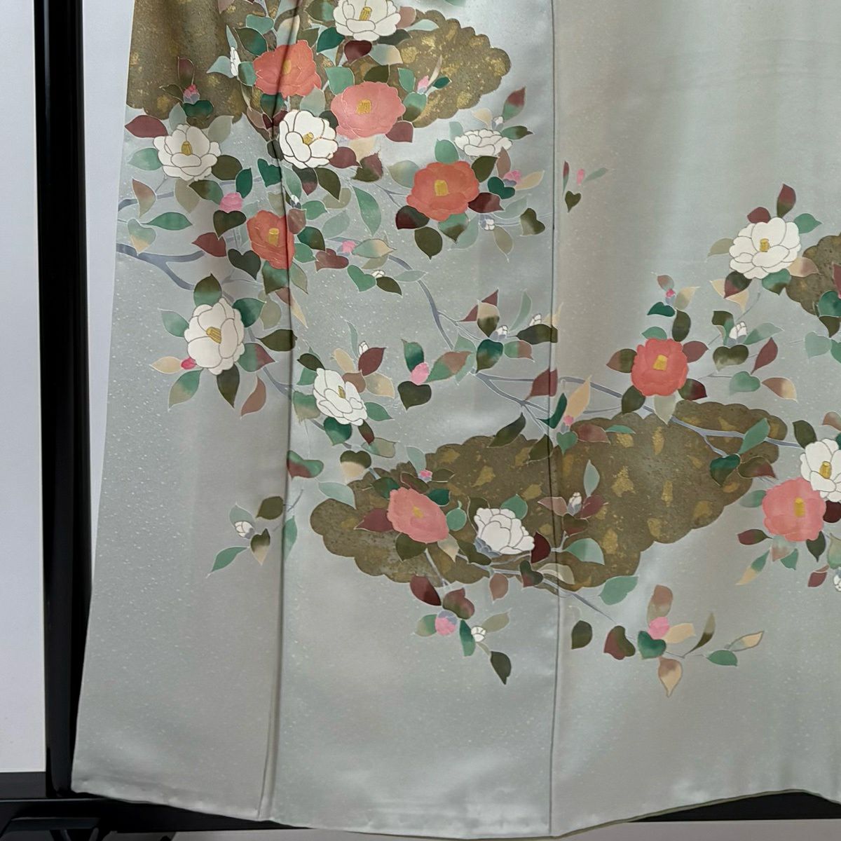 訪問服 身長159cm 袖長63cm S 雙層 椿 雲紋 金彩裝飾 灰綠 純蠶絲 秀品級