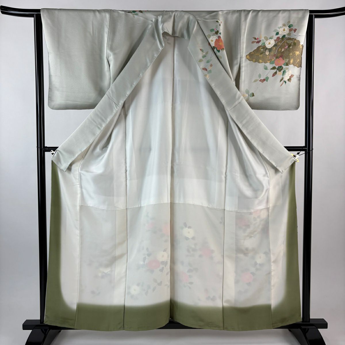 訪問服 身長159cm 袖長63cm S 雙層 椿 雲紋 金彩裝飾 灰綠 純蠶絲 秀品級