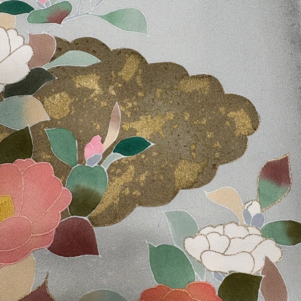 訪問服 身長159cm 袖長63cm S 雙層 椿 雲紋 金彩裝飾 灰綠 純蠶絲 秀品級