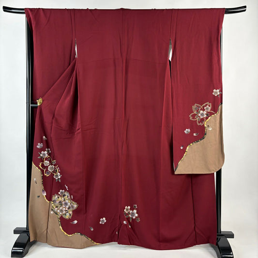 振袖禮服 身長166cm 袖長70cm L 雙層 樱花 樱花花瓣 金銀彩 深紅 純蠶絲 優品級