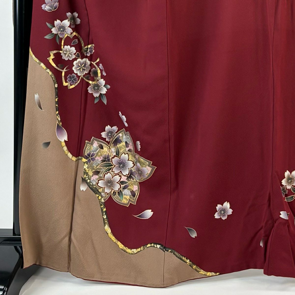 振袖禮服 身長166cm 袖長70cm L 雙層 樱花 樱花花瓣 金銀彩 深紅 純蠶絲 優品級