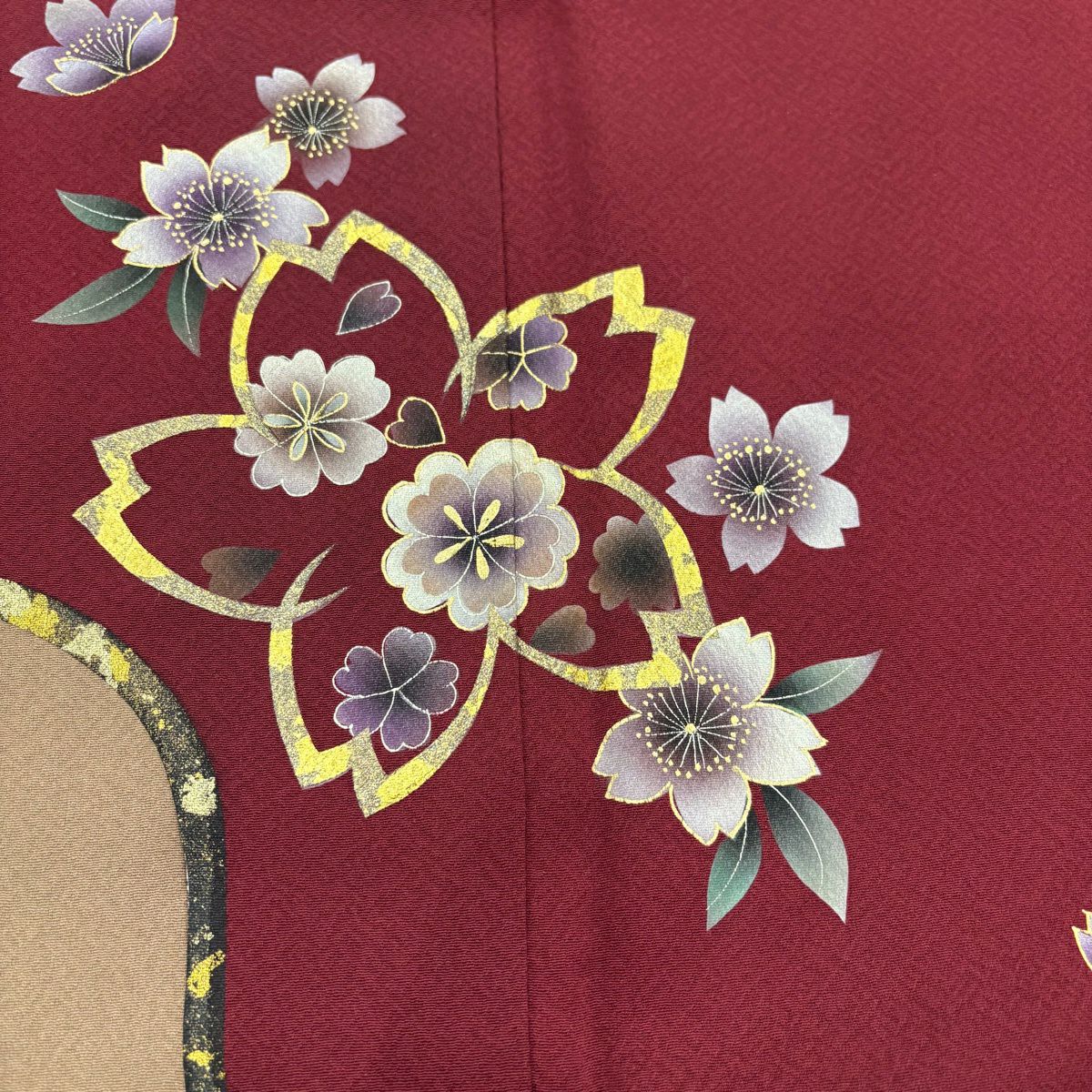 振袖禮服 身長166cm 袖長70cm L 雙層 樱花 樱花花瓣 金銀彩 深紅 純蠶絲 優品級