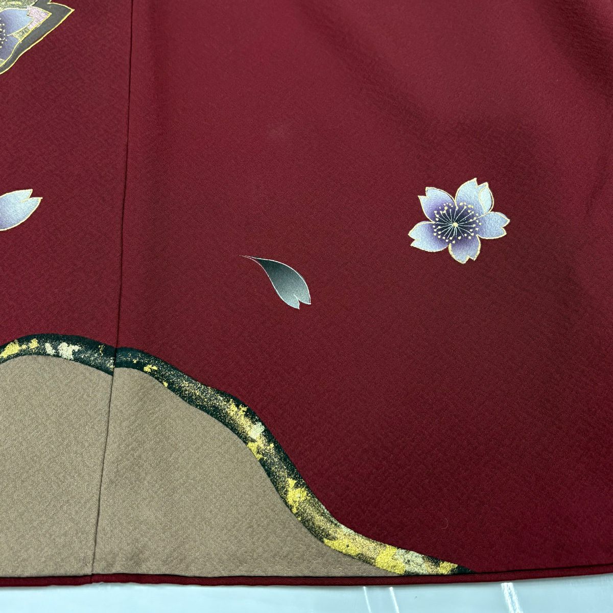 振袖禮服 身長166cm 袖長70cm L 雙層 樱花 樱花花瓣 金銀彩 深紅 純蠶絲 優品級