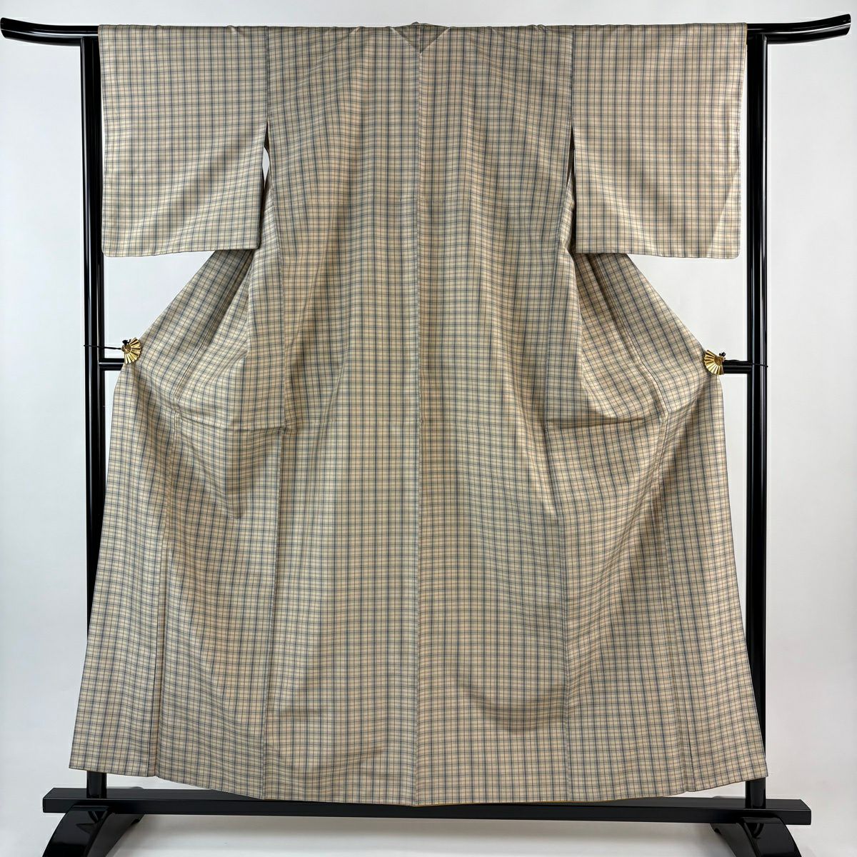 【美品】 紬織 身長158.5cm 袖長63cm S 雙層 格子 米色 純蠶絲 優品級