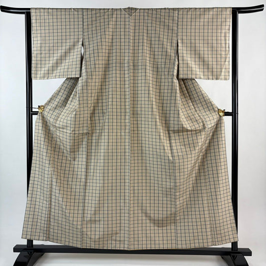 【美品】 紬織 身長158.5cm 袖長63cm S 雙層 格子 米色 純蠶絲 優品級