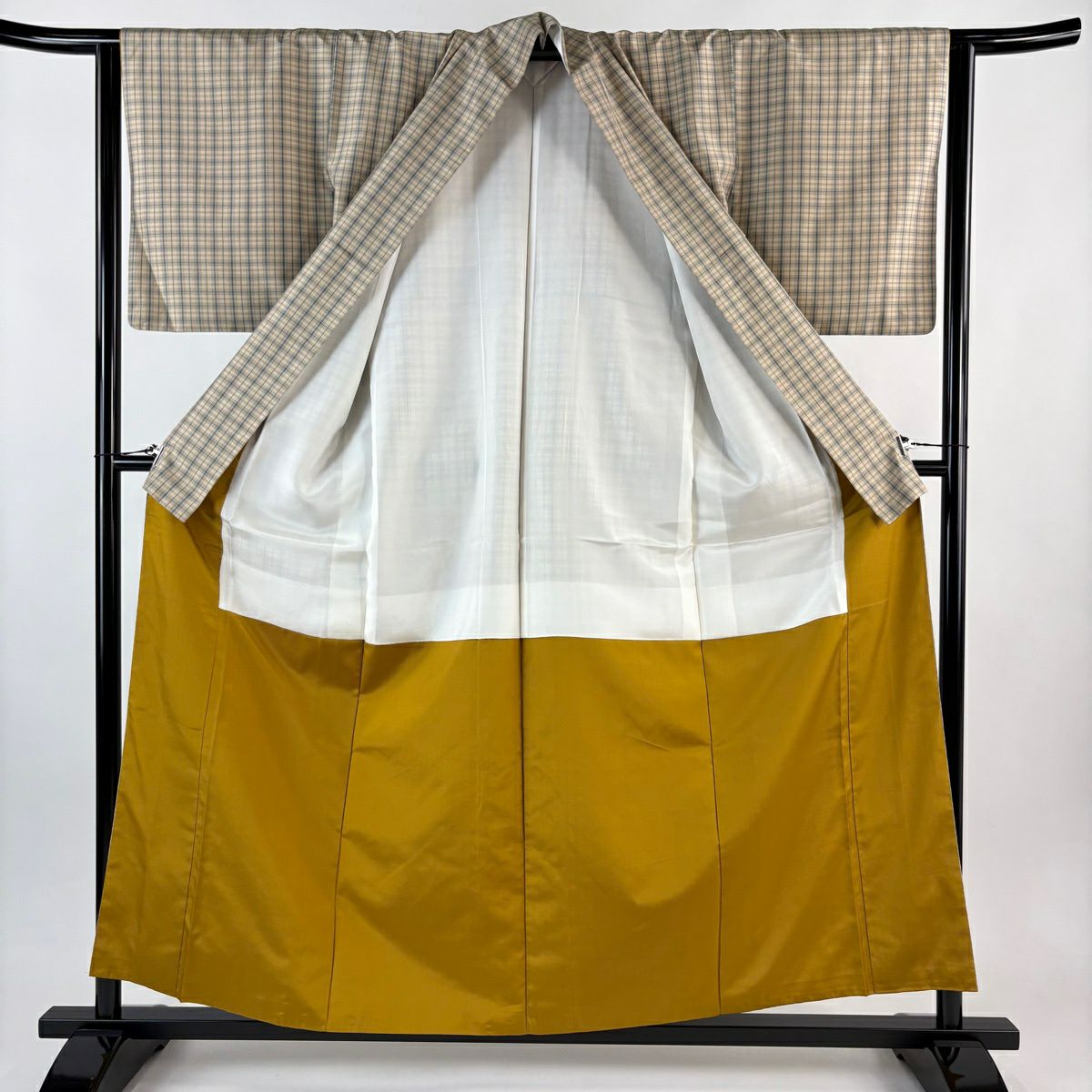 【美品】 紬織 身長158.5cm 袖長63cm S 雙層 格子 米色 純蠶絲 優品級