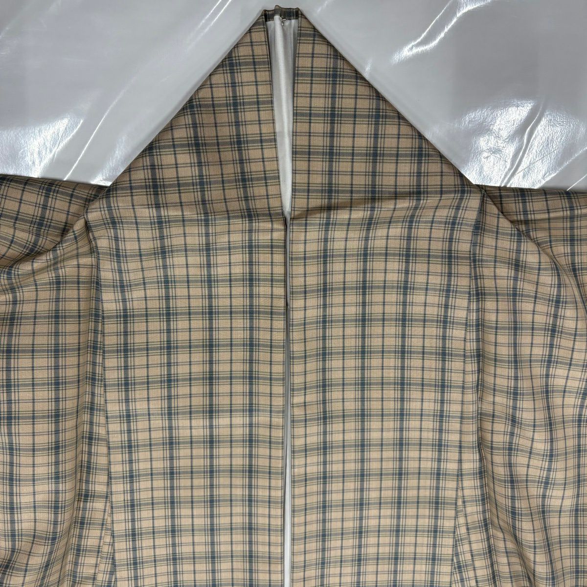 【美品】 紬織 身長158.5cm 袖長63cm S 雙層 格子 米色 純蠶絲 優品級