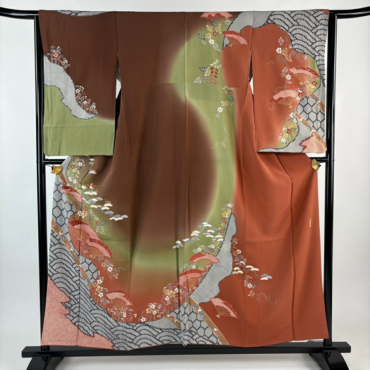 訪問服 身長155.5cm 袖長63.5cm S 雙層 扇子 草花紋紋 金彩裝飾 漸層 茶 純蠶絲 秀品級