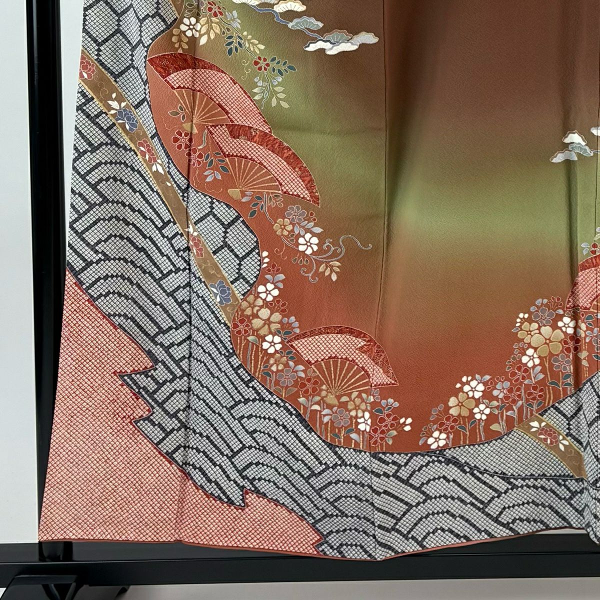 訪問服 身長155.5cm 袖長63.5cm S 雙層 扇子 草花紋紋 金彩裝飾 漸層 茶 純蠶絲 秀品級