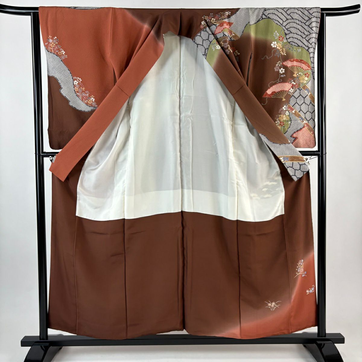 訪問服 身長155.5cm 袖長63.5cm S 雙層 扇子 草花紋紋 金彩裝飾 漸層 茶 純蠶絲 秀品級