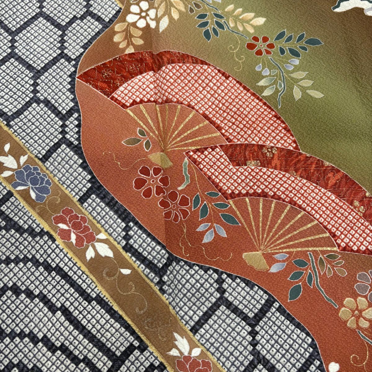 訪問服 身長155.5cm 袖長63.5cm S 雙層 扇子 草花紋紋 金彩裝飾 漸層 茶 純蠶絲 秀品級
