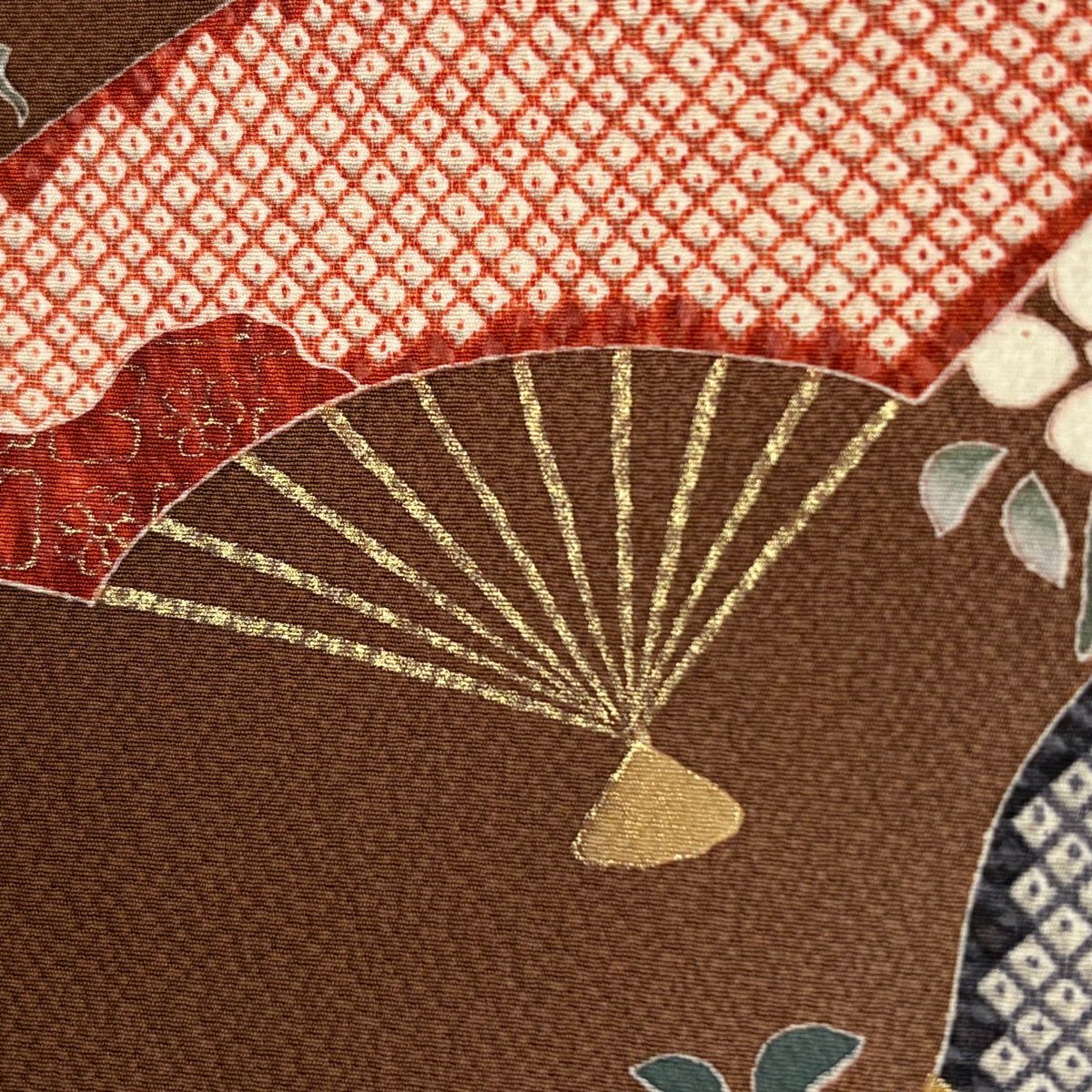 訪問服 身長155.5cm 袖長63.5cm S 雙層 扇子 草花紋紋 金彩裝飾 漸層 茶 純蠶絲 秀品級