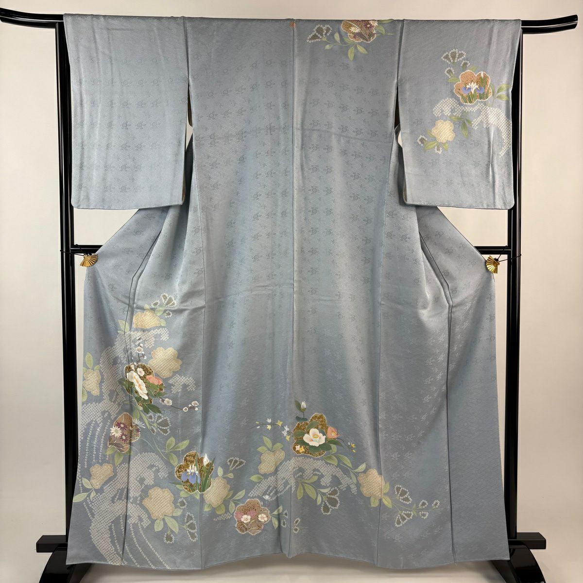 訪問服 身長162.5cm 袖長65cm M 雙層 草花紋紋 波頭 金銀彩 水色 純蠶絲 秀品級 一つ紋