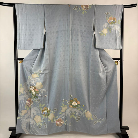 訪問服 身長162.5cm 袖長65cm M 雙層 草花紋紋 波頭 金銀彩 水色 純蠶絲 秀品級 一つ紋