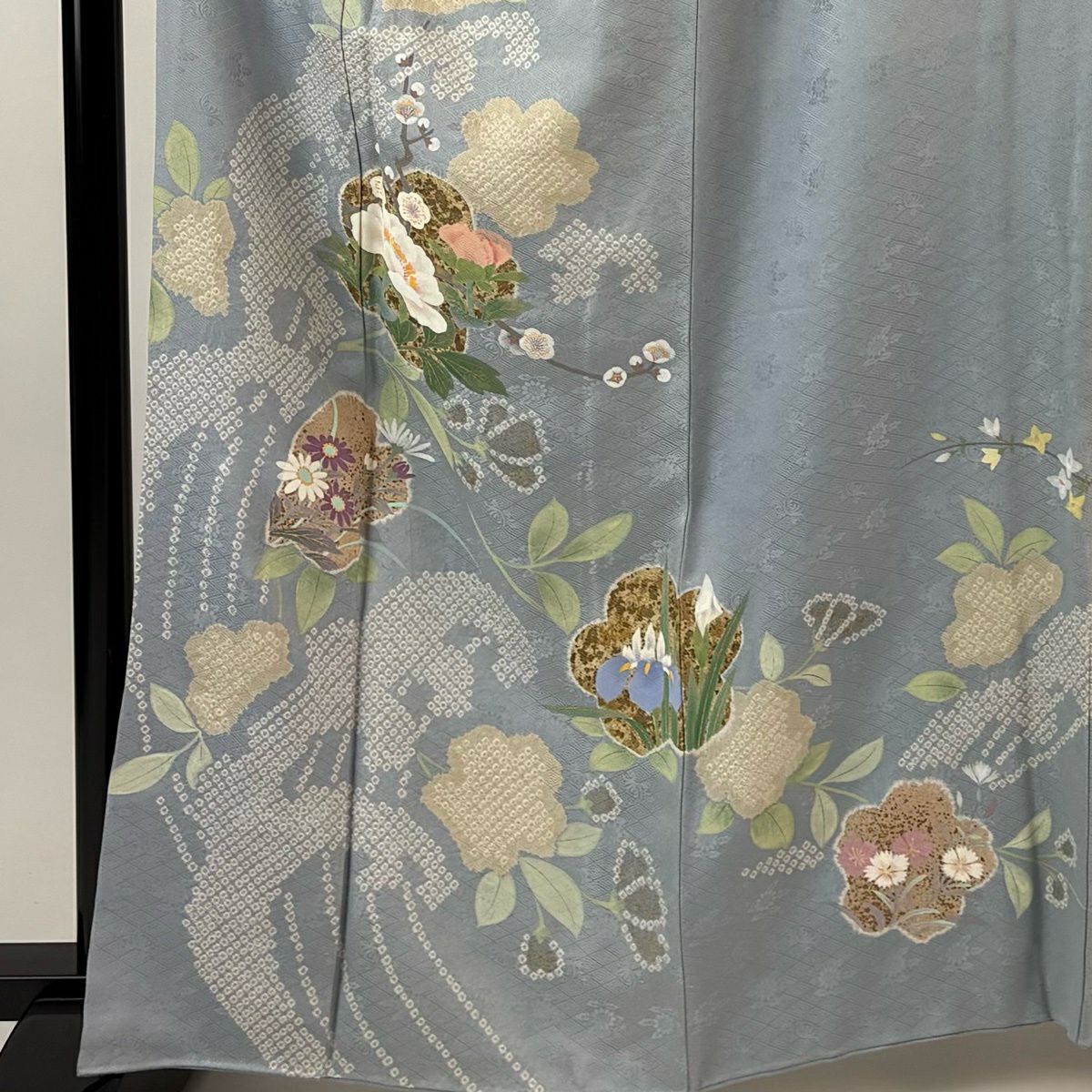 訪問服 身長162.5cm 袖長65cm M 雙層 草花紋紋 波頭 金銀彩 水色 純蠶絲 秀品級 一つ紋