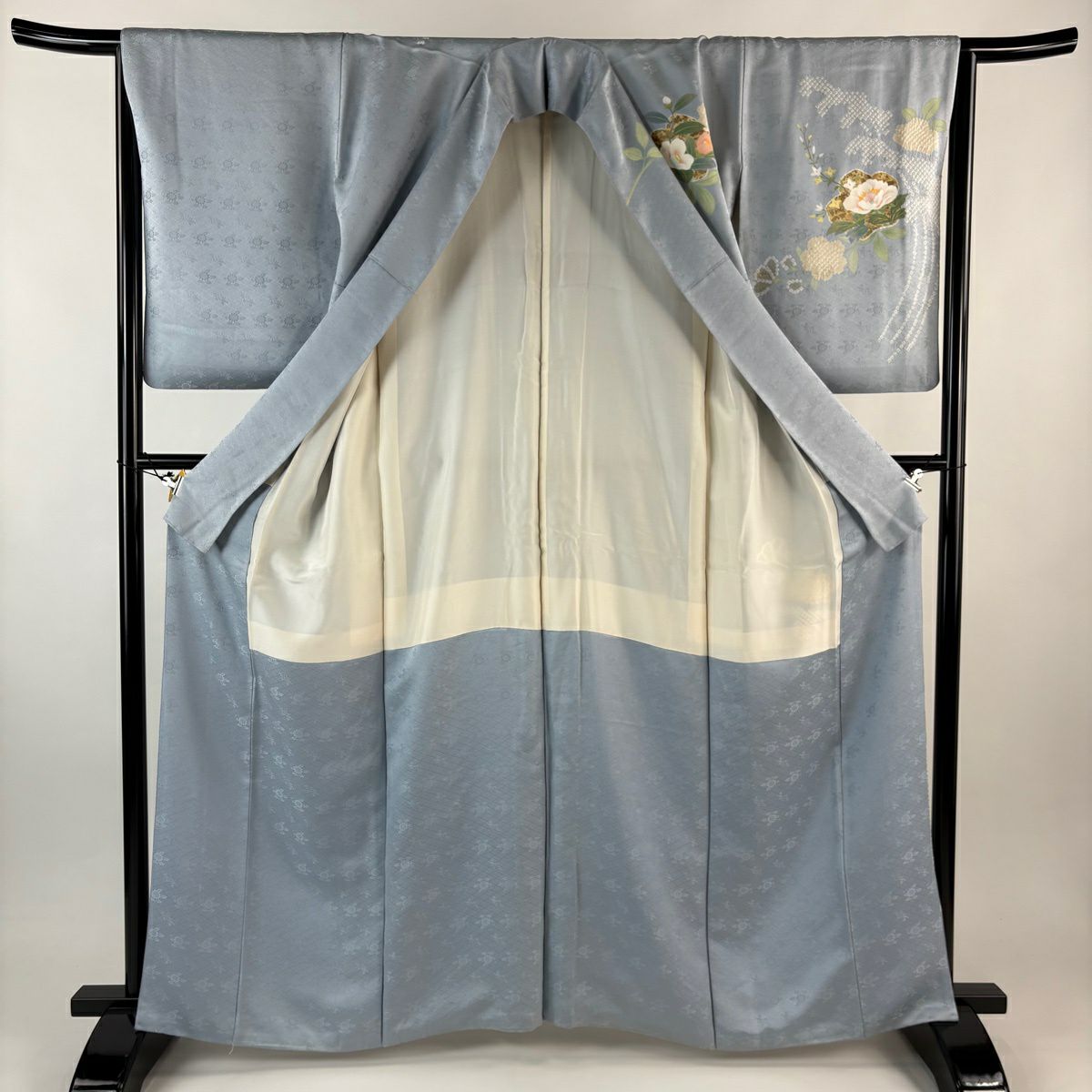 訪問服 身長162.5cm 袖長65cm M 雙層 草花紋紋 波頭 金銀彩 水色 純蠶絲 秀品級 一つ紋