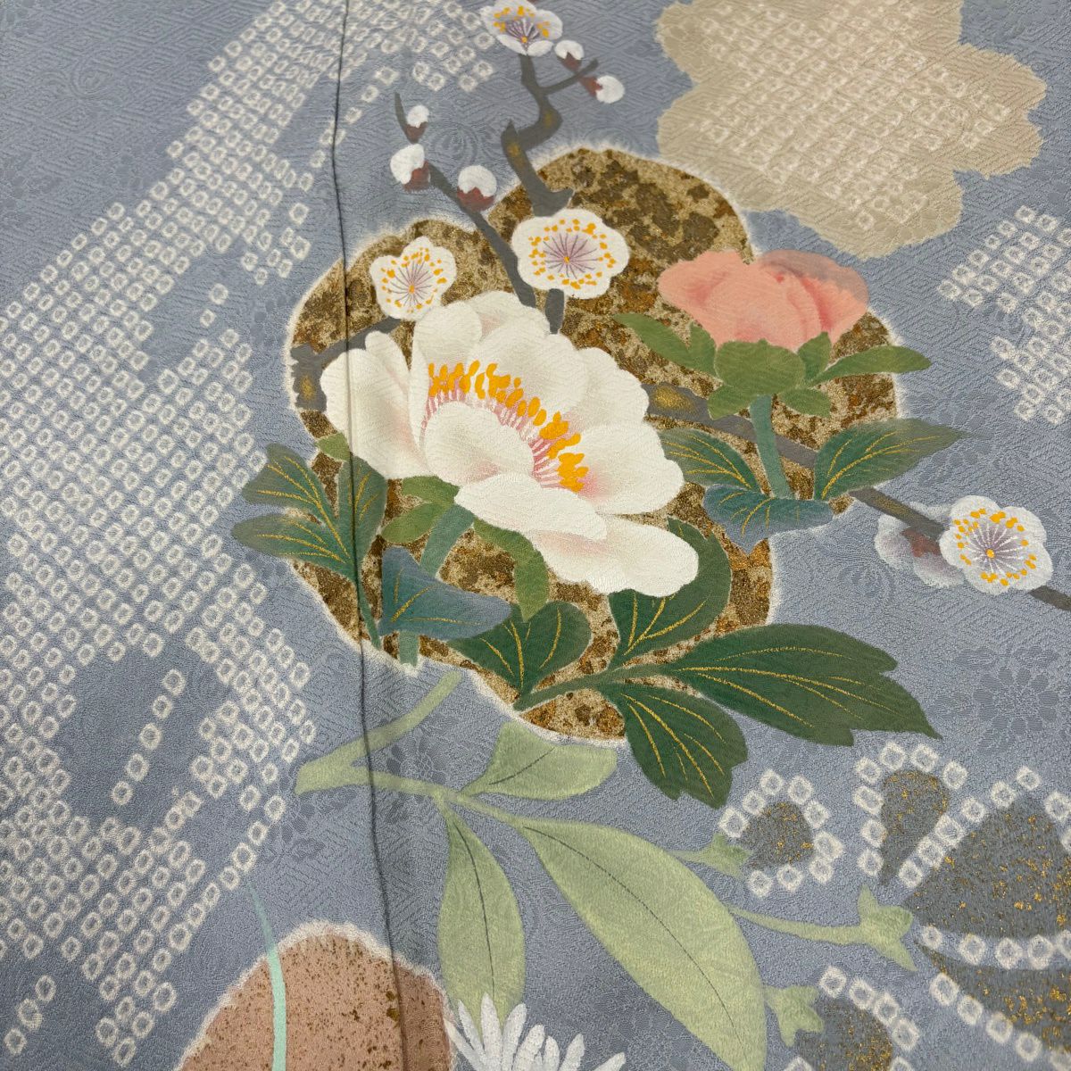 訪問服 身長162.5cm 袖長65cm M 雙層 草花紋紋 波頭 金銀彩 水色 純蠶絲 秀品級 一つ紋