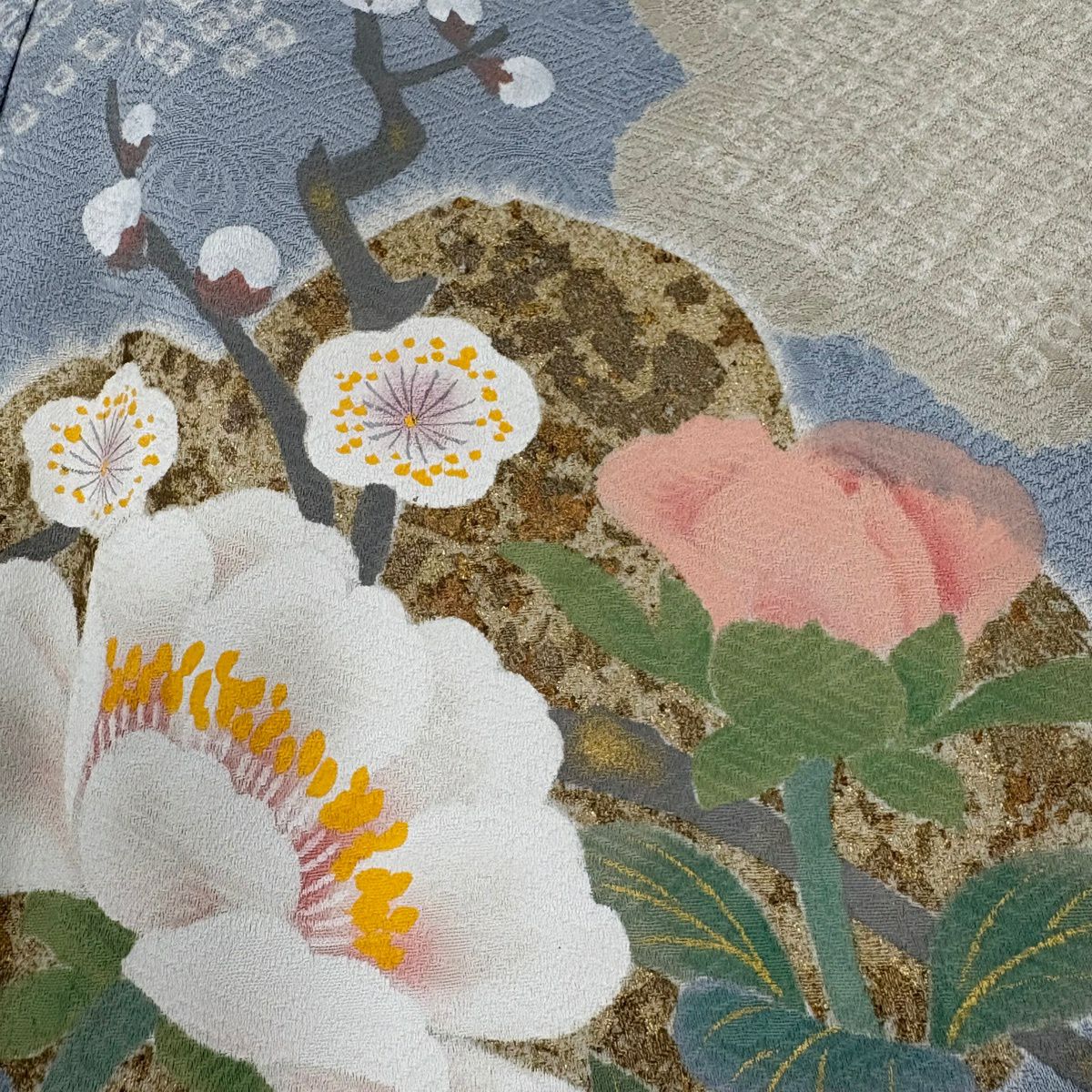 訪問服 身長162.5cm 袖長65cm M 雙層 草花紋紋 波頭 金銀彩 水色 純蠶絲 秀品級 一つ紋