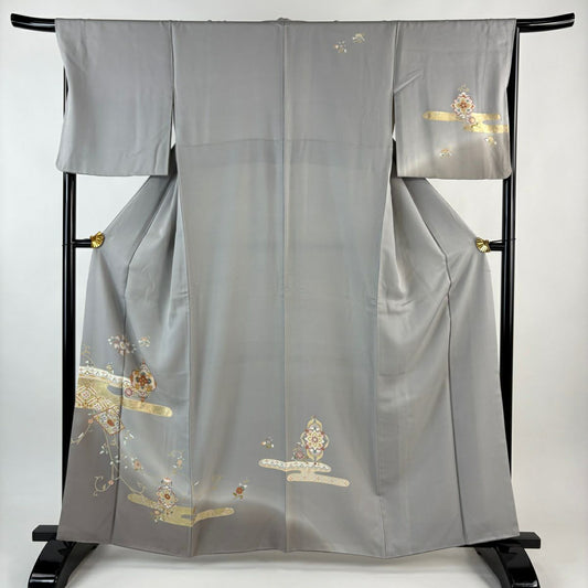 訪問服 身長160cm 袖長68.5cm L 雙層 華紋 ヱ霞 金銀彩 漸層 灰 純蠶絲 秀品級