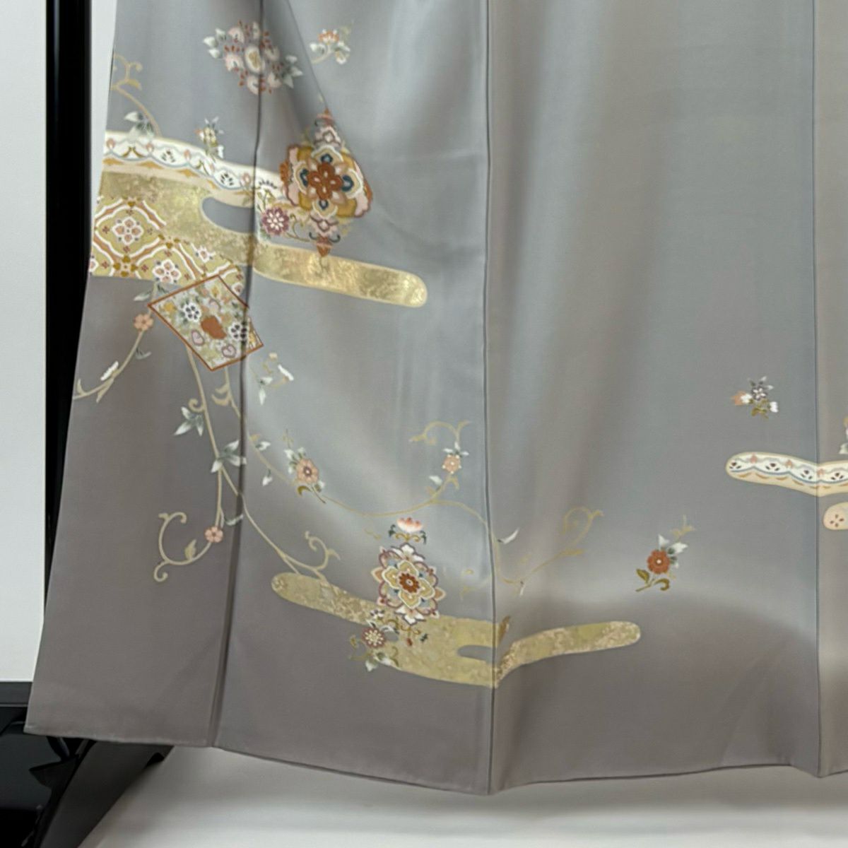 訪問服 身長160cm 袖長68.5cm L 雙層 華紋 ヱ霞 金銀彩 漸層 灰 純蠶絲 秀品級