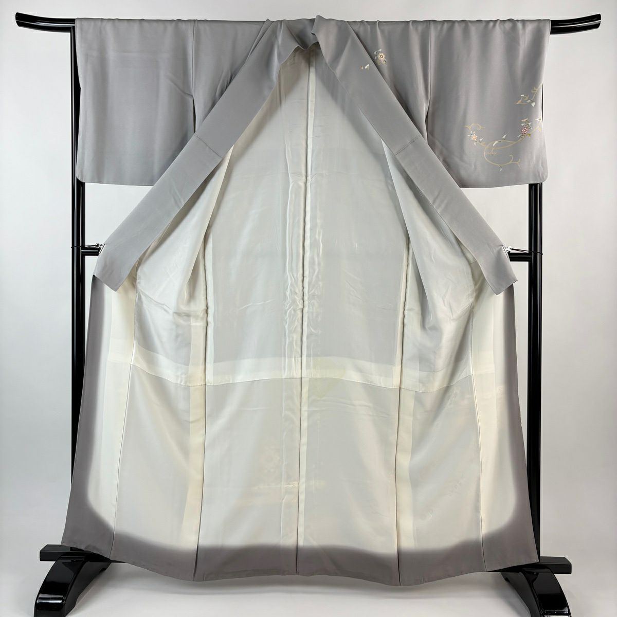訪問服 身長160cm 袖長68.5cm L 雙層 華紋 ヱ霞 金銀彩 漸層 灰 純蠶絲 秀品級