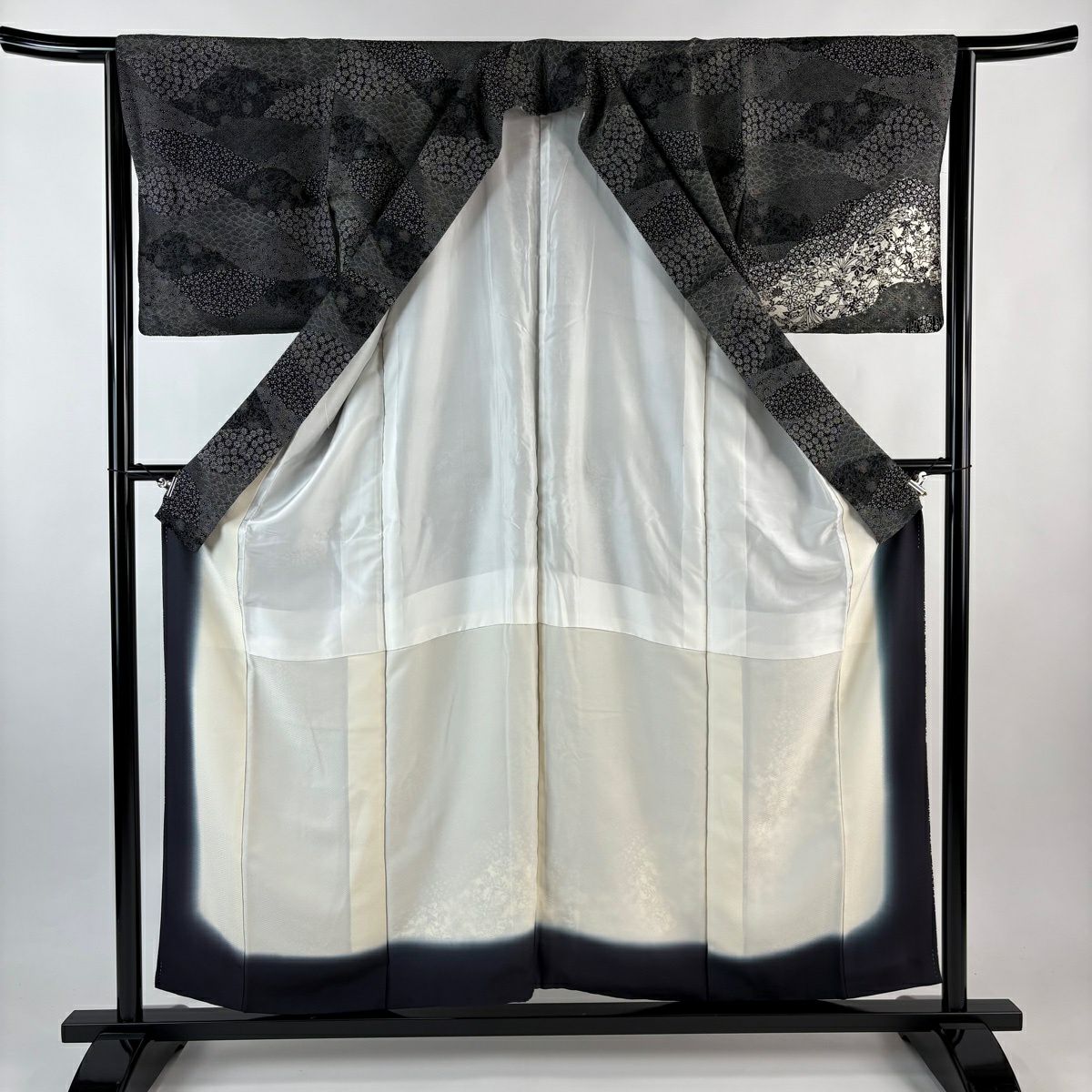 付下 身長155.5cm 袖長64cm M 雙層 草花紋紋 寄せ圖案 黑 純蠶絲 優品級
