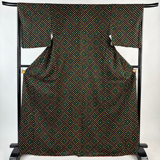 【美品】 小紋 身長169.5cm 袖長66cm M 雙層 幾何學圖案 絞染 黑 純蠶絲 秀品級