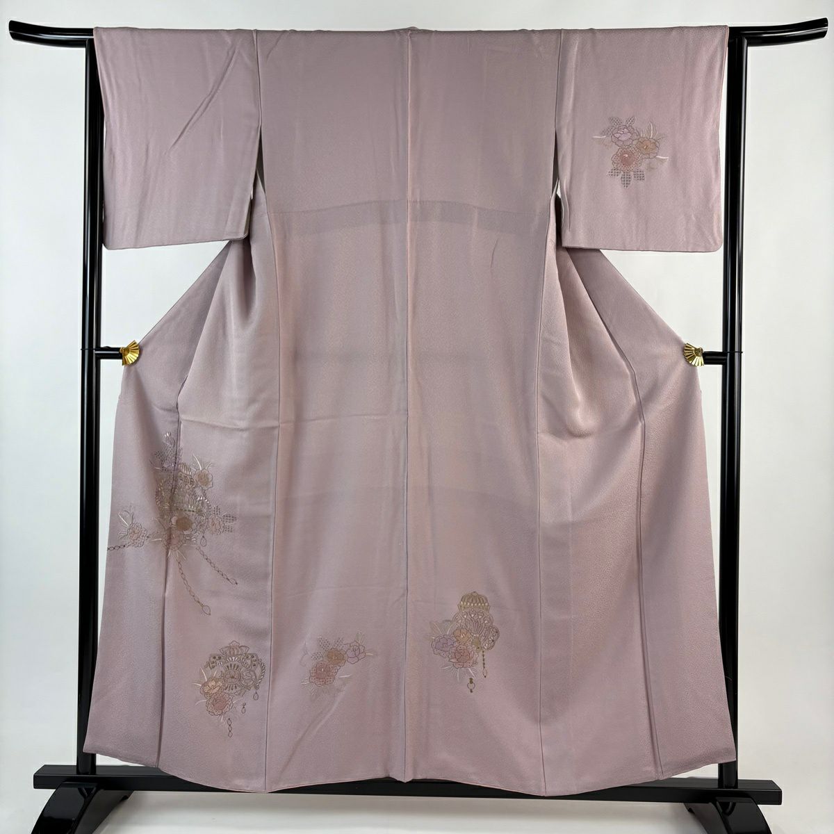 付下 身長157cm 袖長63cm S 雙層 草花紋紋 器物刺繡 金糸 灰紫 純蠶絲 優品級