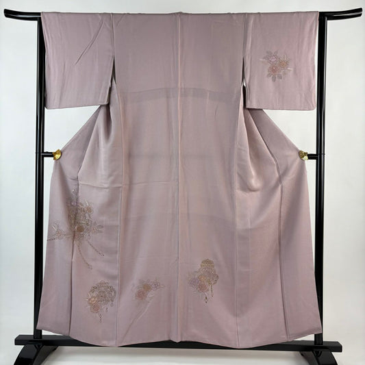 付下 身長157cm 袖長63cm S 雙層 草花紋紋 器物刺繡 金糸 灰紫 純蠶絲 優品級