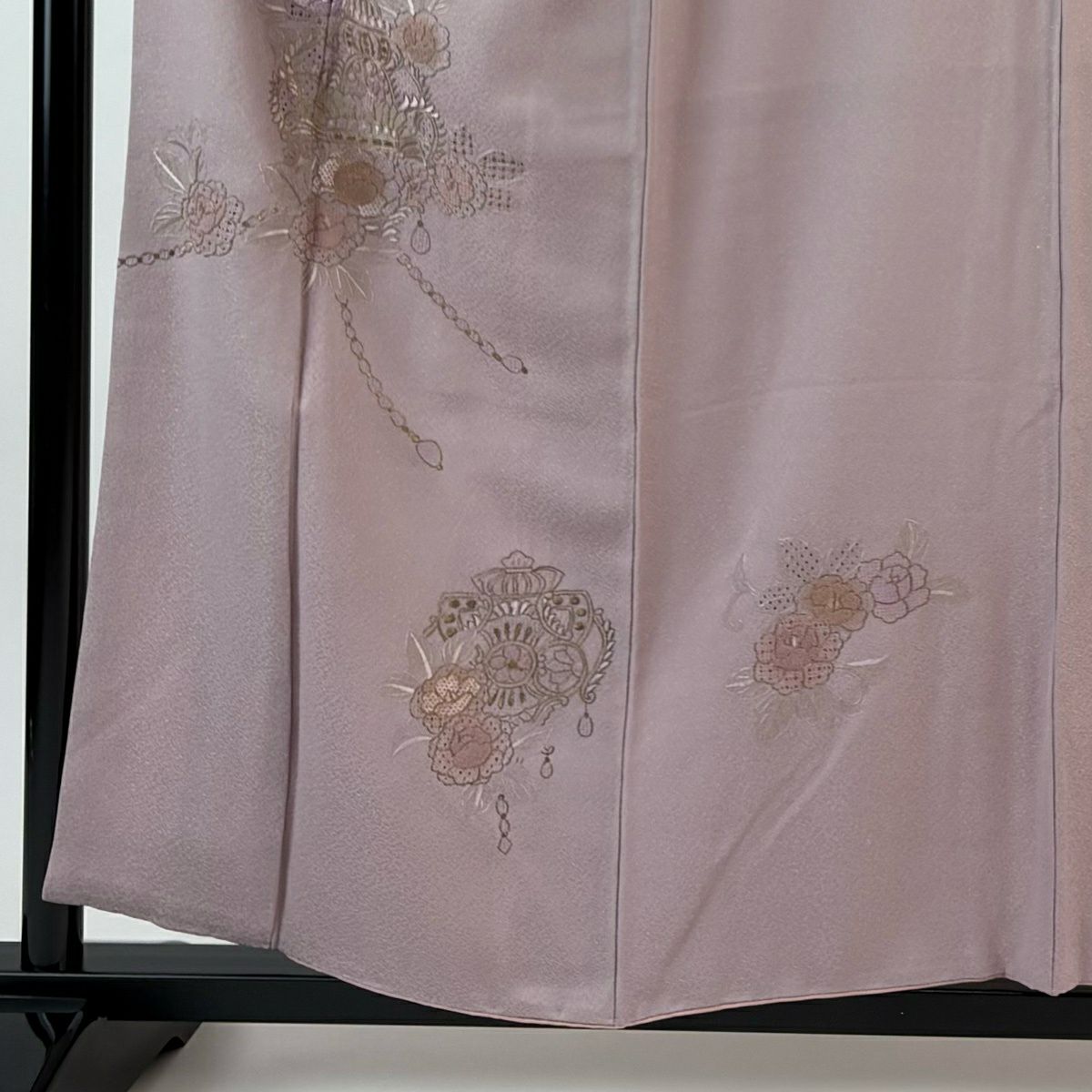付下 身長157cm 袖長63cm S 雙層 草花紋紋 器物刺繡 金糸 灰紫 純蠶絲 優品級