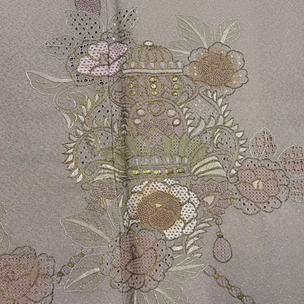 付下 身長157cm 袖長63cm S 雙層 草花紋紋 器物刺繡 金糸 灰紫 純蠶絲 優品級