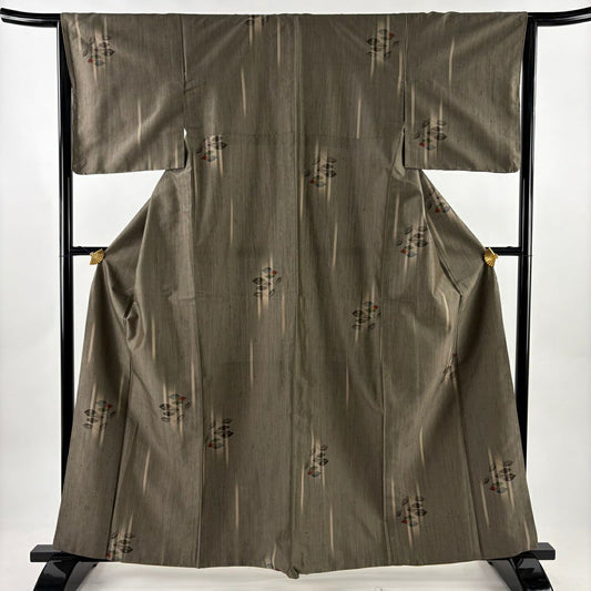 【美品】 紬織 身長161.5cm 袖長64.5cm M 雙層 草花紋紋 垂直條紋 灰茶 純蠶絲 秀品級
