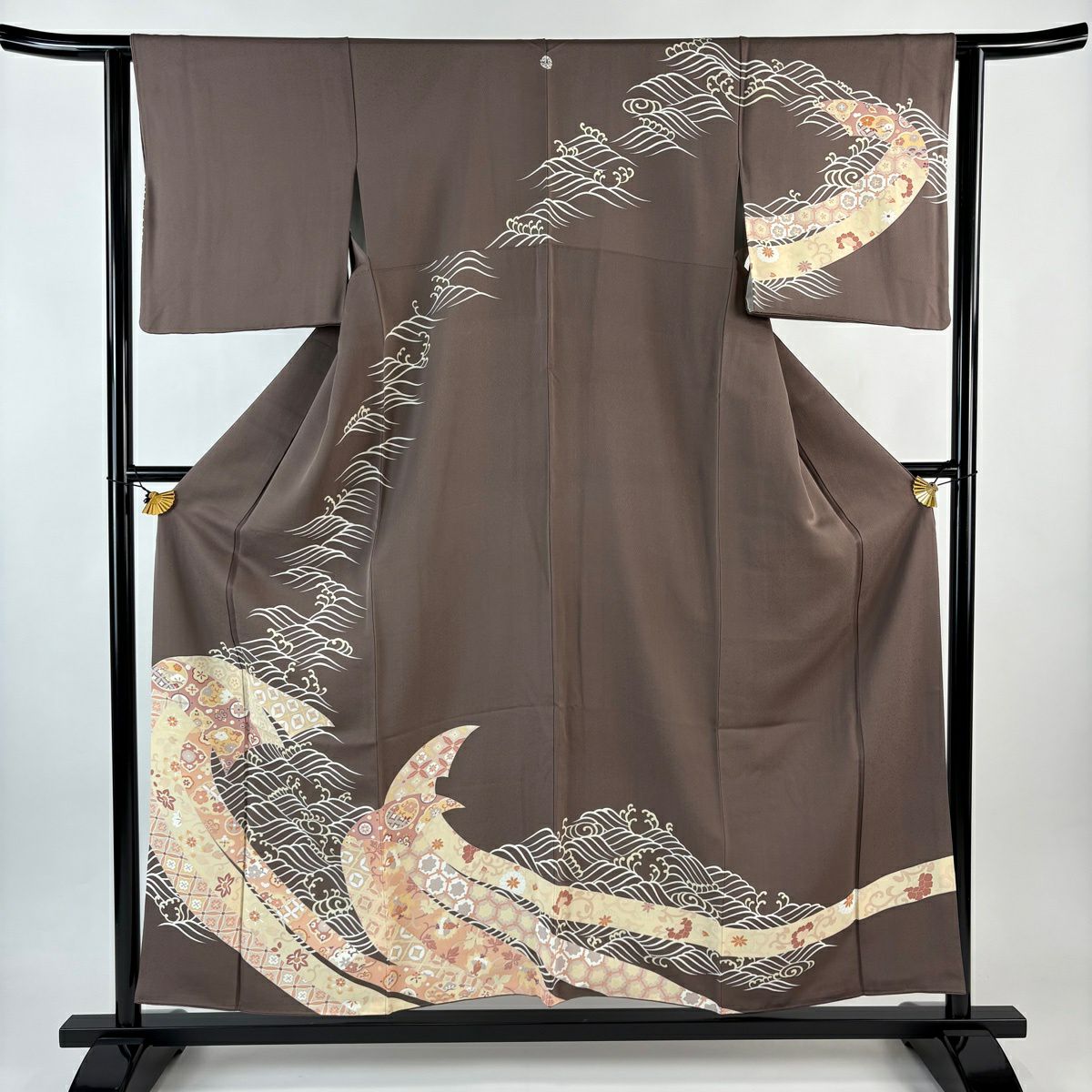 【美品】訪問服 身長156cm 袖長61.5cm S 雙層 草花紋紋 波頭 小豆 純蠶絲 秀品級 一つ紋