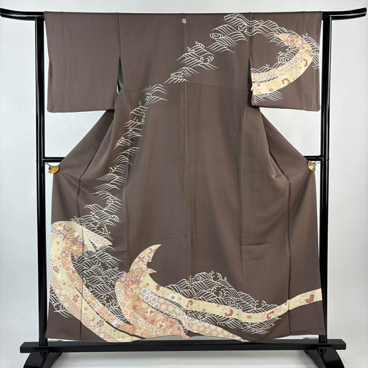 【美品】訪問服 身長156cm 袖長61.5cm S 雙層 草花紋紋 波頭 小豆 純蠶絲 秀品級 一つ紋
