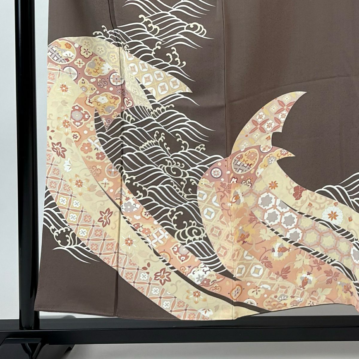 【美品】訪問服 身長156cm 袖長61.5cm S 雙層 草花紋紋 波頭 小豆 純蠶絲 秀品級 一つ紋