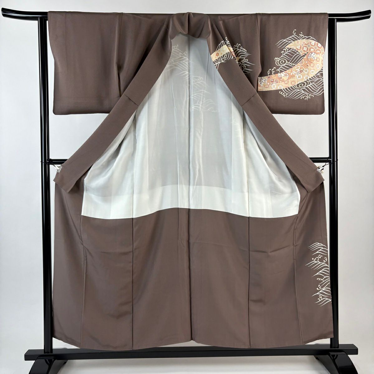 【美品】訪問服 身長156cm 袖長61.5cm S 雙層 草花紋紋 波頭 小豆 純蠶絲 秀品級 一つ紋
