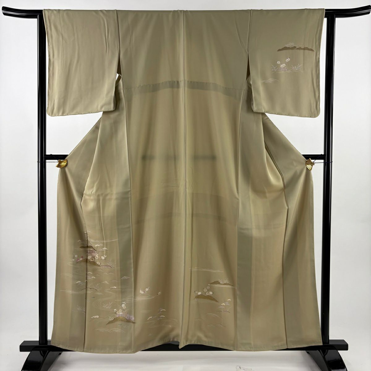付下 身長158cm 袖長63cm S 雙層 家屋 草花紋 金絲 金銀彩 米色 純蠶絲 優品級