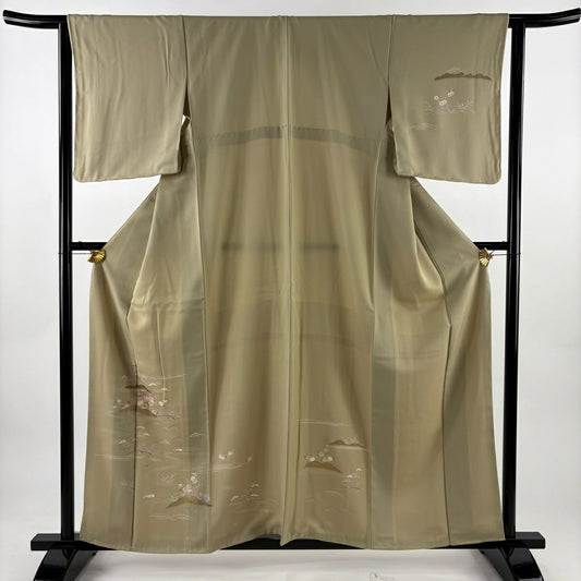 付下 身長158cm 袖長63cm S 雙層 家屋 草花紋 金絲 金銀彩 米色 純蠶絲 優品級