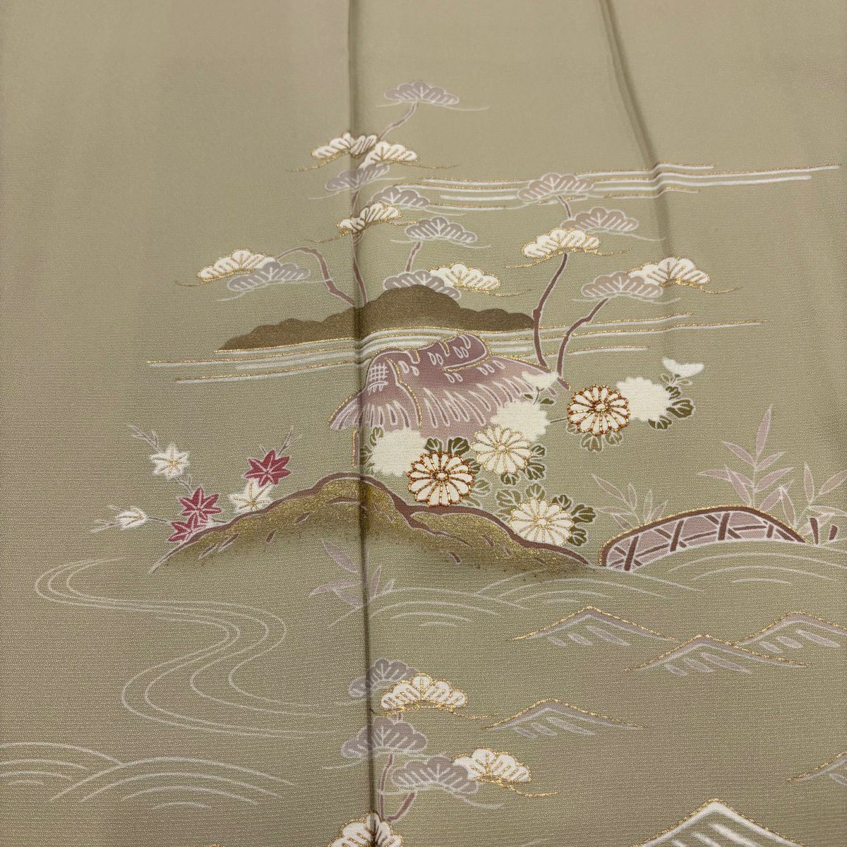 付下 身長158cm 袖長63cm S 雙層 家屋 草花紋 金絲 金銀彩 米色 純蠶絲 優品級