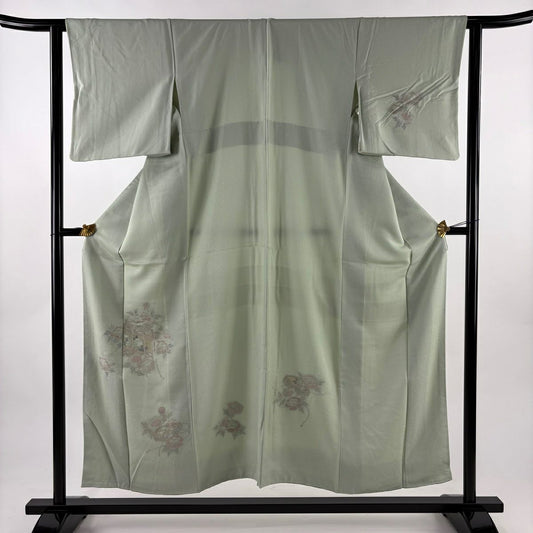 付下 身長153cm 袖長62.5cm S 雙層 貝桶 牡丹 汕頭刺繡 蘇州刺繡 薄綠 純蠶絲 秀品級
