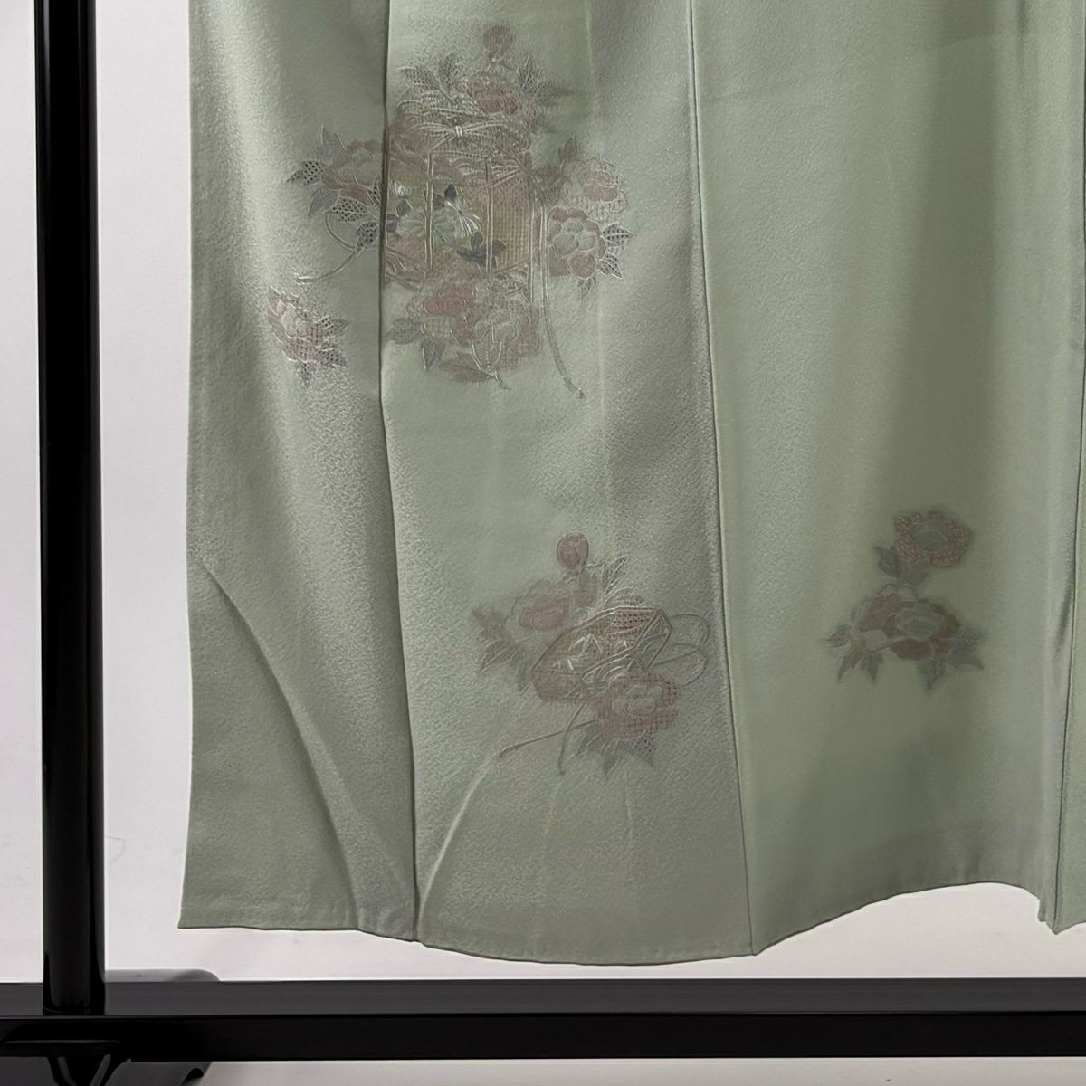 付下 身長153cm 袖長62.5cm S 雙層 貝桶 牡丹 汕頭刺繡 蘇州刺繡 薄綠 純蠶絲 秀品級